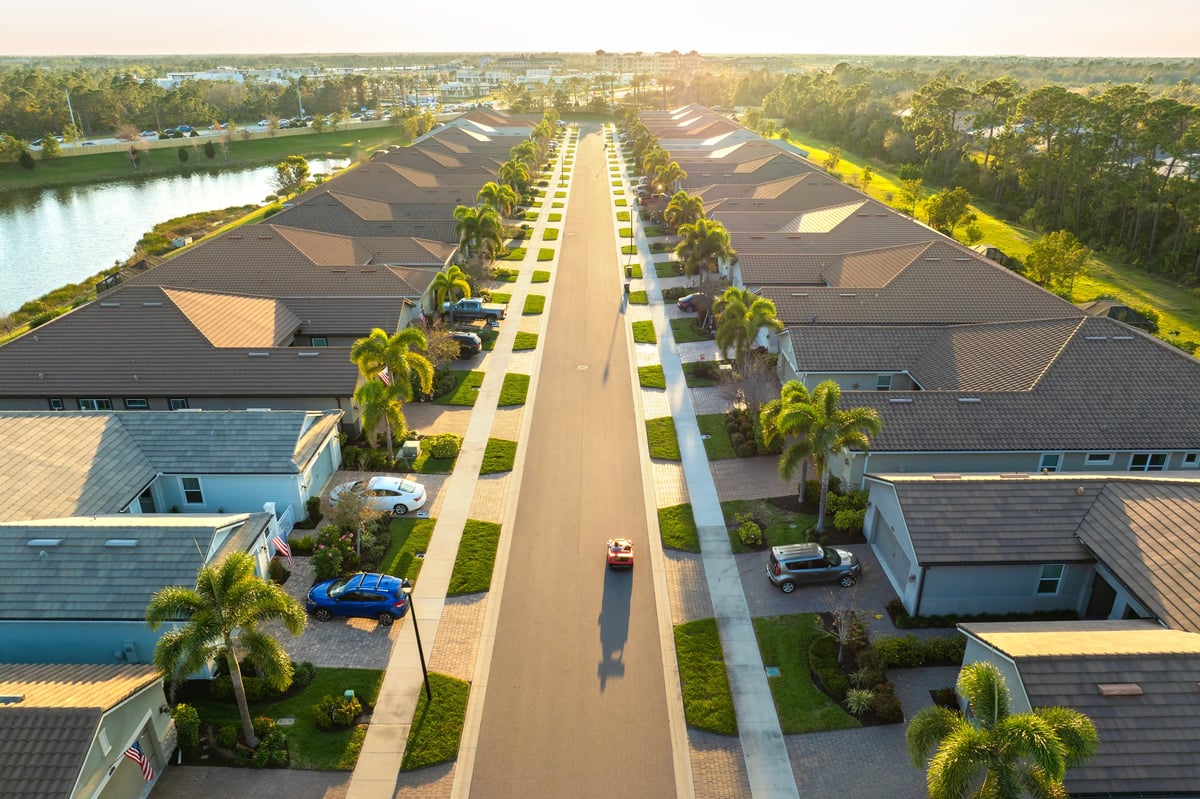 Premium housing development with expensive houses between green palm trees